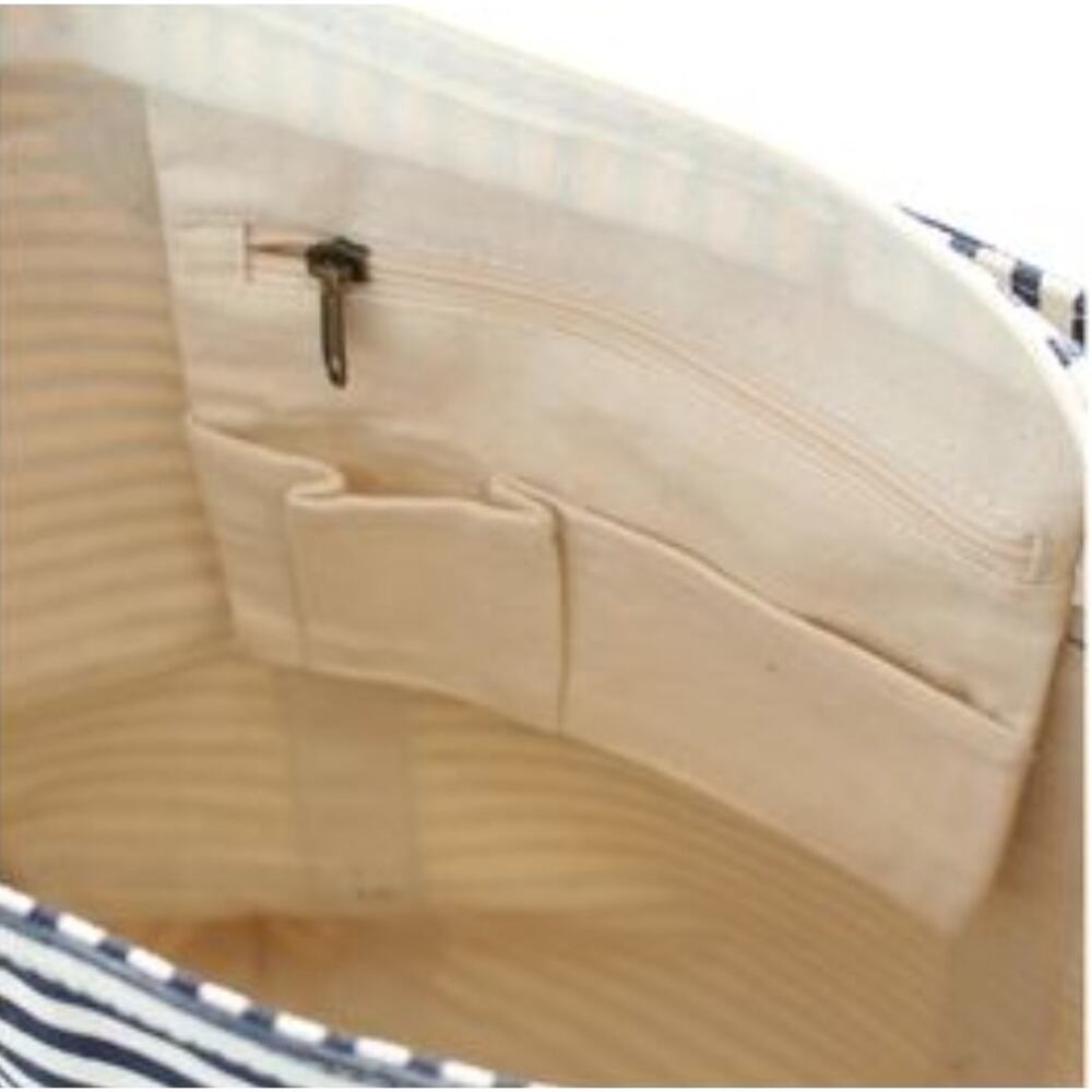 CB Station Canvas Flight Travel Bag Navy Blue Stripes Leather Handles Nautical - Picture 3 of 7